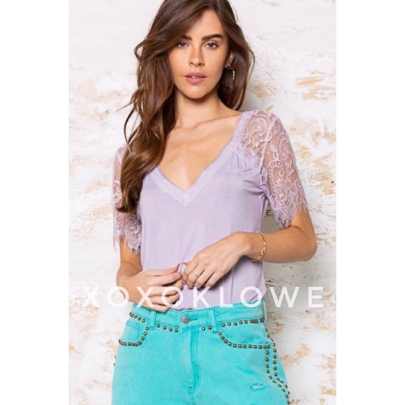 POL Lavender Buttery Soft Lace Sleeve V Neck Premium Tee - Picture 7 of 11